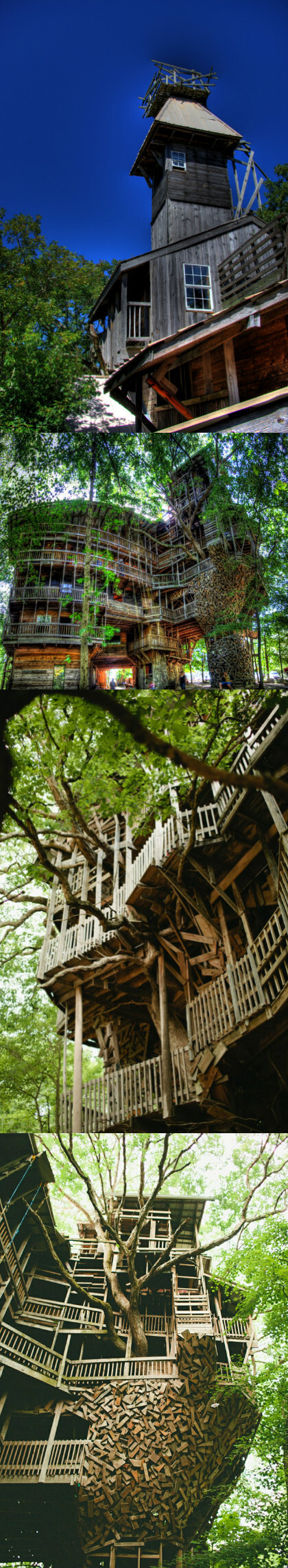 这座名为“牧师的树屋（Minister’s Treehouse）” 实际上是一座教堂，位于美国田纳西州的Crossville，建造者为Horace Burgess牧师。树屋高达30多米，建筑面积约930平米，共分十层，上面有一个四层高的秋千。整个树屋缠绕在一棵高大的白橡树上，树屋周围又有6棵树环抱。底部有一个手写的牌子：欢迎你，朋友。站在屋顶你可以看到主人在花园里用各种花摆出的文字。