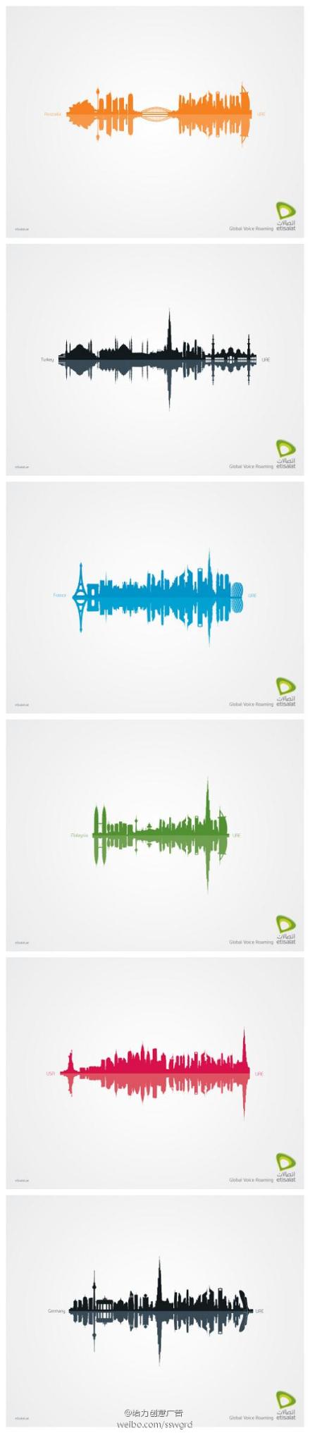 阿联酋电信公司广告“全球语音漫游”，巴黎、澳大利亚、美国、土耳其、马来西亚，自由女神像、环球金融中心、埃菲尔铁塔，没错！阿联酋电信公司的信号遍布全球！