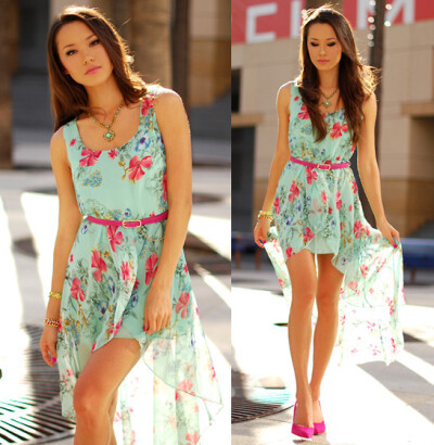 Sheinside Floral High Low Dress, Sira And Mara Usa Chain Bracelet, Oasap Pink Suede Belt, Aldo Pink Suede Heels