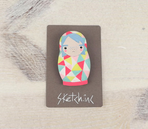 Geometric Neon Brooch Doll Matroyshka Nesting Babushka Russian