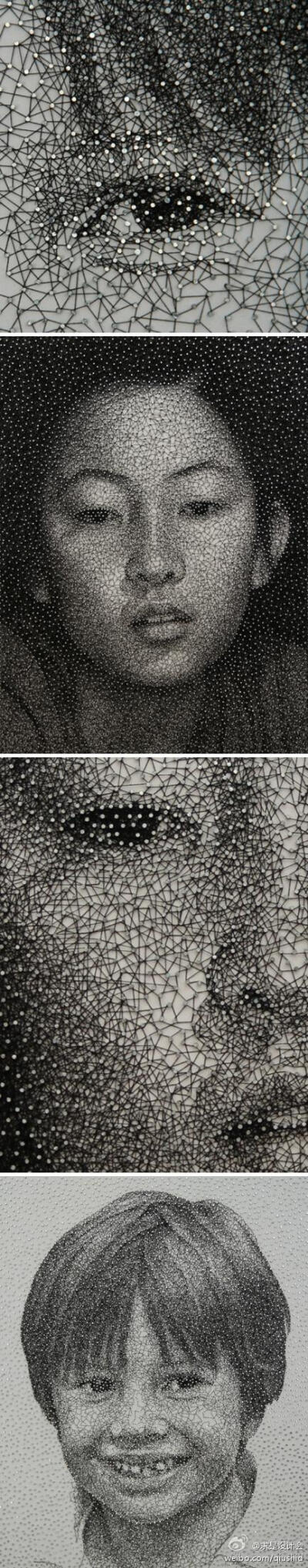引人瞩目的肖像画，来自Kumi Yamashita，作者用镀锌钉和缝纫黑线用指甲缠裹而成的肖像画，十分精致闪耀。