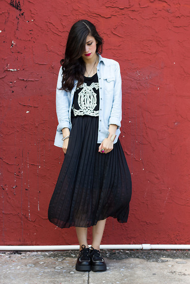 American Eagle Chambray Shirt, Unif Fancy Bones Shirt, Pleated Maxi Skirt, Bc Footwear Creepers