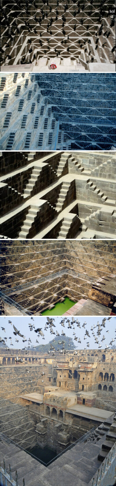 印度古老的深井#Chand Baori Baori# 在当地方言中是＂井＂的意思。Chand Baori位于印度Rajasthan州靠近Jaipur，一个叫Abhaneri 的村子．该井建于10世纪．三侧有台阶．井深30米（也有报道说是35米），13层，台阶数就…