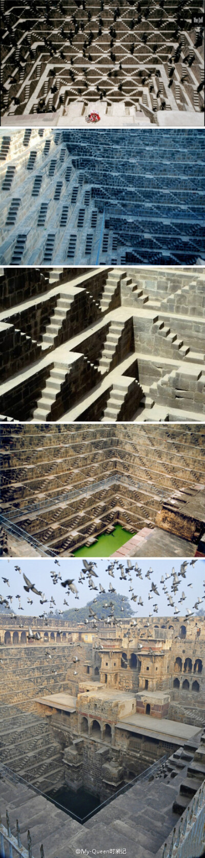 印度古老的深井#Chand Baori Baori# 在当地方言中是＂井＂的意思。Chand Baori位于印度Rajasthan州靠近Jaipur，一个叫Abhaneri 的村子．该井建于10世纪．三侧有台阶．井深30米（也有报道说是35米），13层，台阶数就…