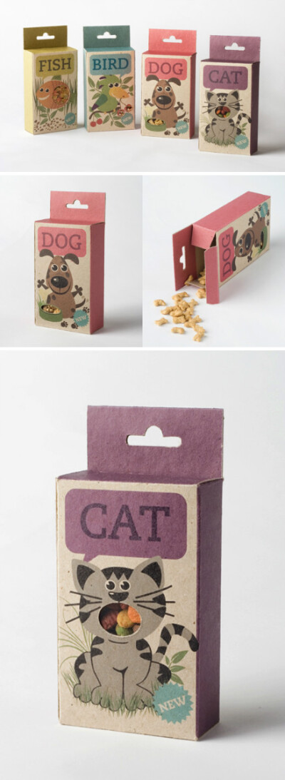瑞典平面设计师Sara，为宠物零食设计的一系列纸盒包装，鱼，鸟，猫，狗，可以通过外包装上小窗口看见内容物。色调搭配是亮点。
