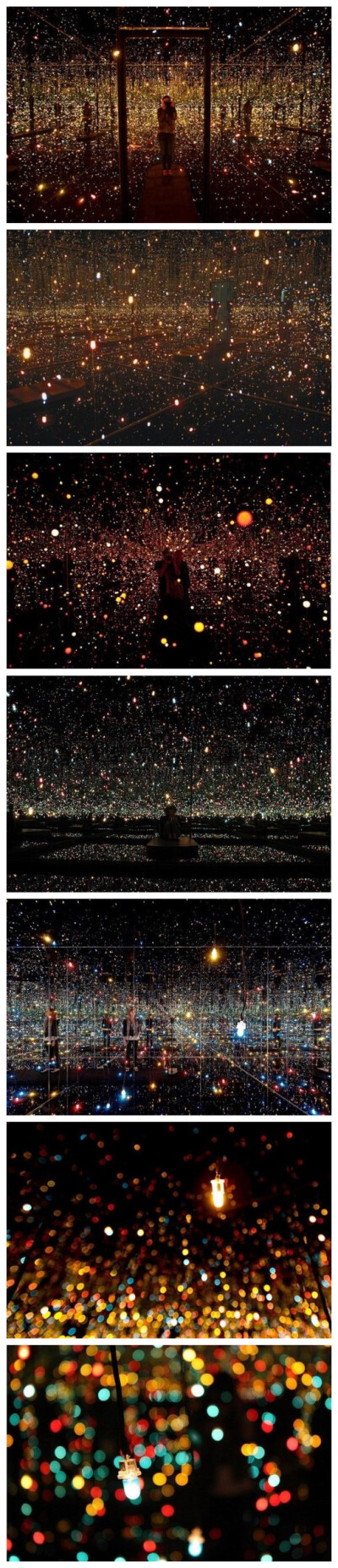 【草间弥生·水上萤火虫】日本艺术家草间弥生的装置艺术作品“水上萤火虫”，让人仿佛置身萤火虫幻境，迷失在星星点点的梦境中，时间、空间瞬间失去存在感。今年7月到9月将在纽约Whitney博物馆展出。
