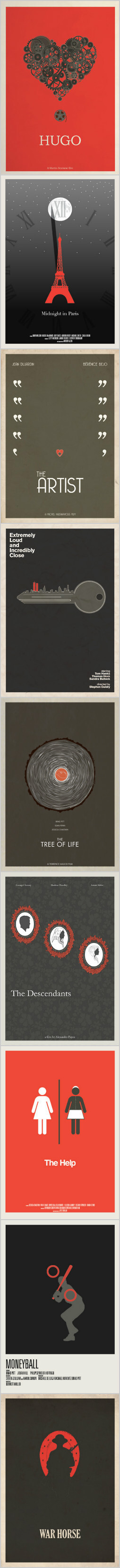 2011年一些电影海报的再设计。从上至下为：雨果、午夜巴黎、艺术家、特别响 非常近、生命之树、后裔、相助、点球成金和战马。你看出了几个？