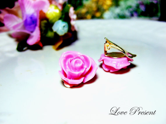  Pink Rose Resin Clip On Earrings