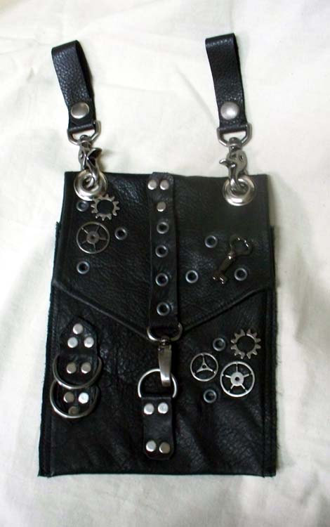 DW Custom for Chris -Unisex Steampunk Black Leather Hip Pouch- Belt Pouch- Mapcase Bag with Antique Nickle Hardware