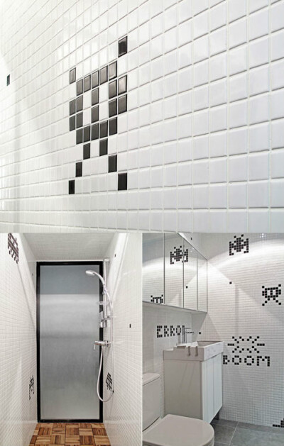 来自波兰室内设计和建筑工作室OneByNine的精彩设计。该团队在给一套位于香港的公寓设计洗手间时，在洁白的墙壁上采用了若干黑色墙砖，拼出了《太空入侵者》的图案，让原本单调乏味的洗手间顿时蓬荜生辉。