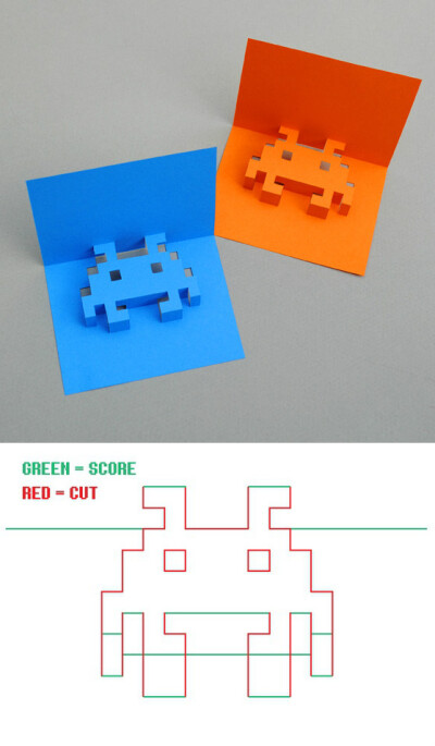 步骤： 1、打印《太空入侵者》模板（当然你可以用尺子和笔手绘） 2、根据顶部图提示切割（红线，用刀）、刻划（绿线，用针）出图案 3、剪出卡片背面，并把做好的立体卡片与其粘贴 4、根据尺寸裁剪好信封，并把做…