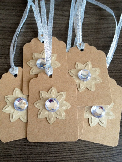 Brown Kraft Paper Silver Ribbon Floral Crystal Gift Tags Set of 6 Die Cut 钻还可以做书签呵呵