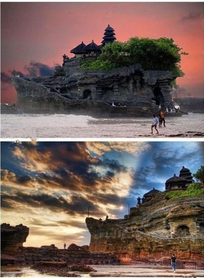 海神庙（Tanah Lot）是巴厘岛最重要的海边庙宇之一，始建于16世纪。该庙坐落在海边一块巨大的岩石上，每逢潮涨之时，岩石被海水包围，整座寺庙与陆地隔绝，孤零零地矗立在海水中；只在落潮时才与陆地相连。