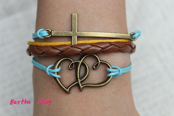 bracelet - Love cross pendant, pendant.Brown leather string.Colored wax rope.collocation.