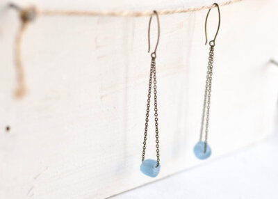 Long chain blue glass earrings- recycled glass jewelry - blue beads