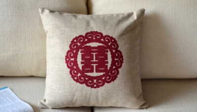 外贸宜家创意民族中式 结婚礼物双喜字 棉麻沙发靠垫抱枕靠枕含芯