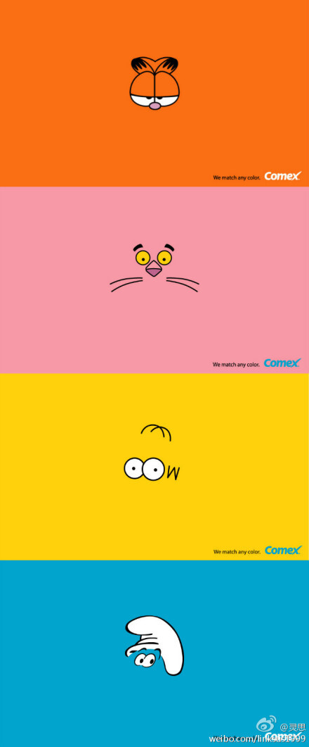 owl【创意广告】不管是加菲猫还是蓝精灵，Comex涂料可以调出任何你想要的颜色。这个系列广告以人们耳熟能详的卡通人物形象，隐匿在与其相应的色彩背景中，来强调“调出任何颜色”的品牌承诺。