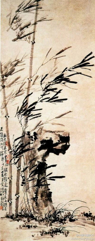 清 李方膺《潇湘风竹图》--- 此幅以秃笔湿墨作风竹，以逆笔取势，笔触沉雄，挥写恣纵，枝叶摇曳，大有寒风萧萧，疾雨荡涤，击磬碎玉，满耳叮咚的声势意境。正如作者诗云“画史从来不画风，我于难处夺天工。请看尺幅…