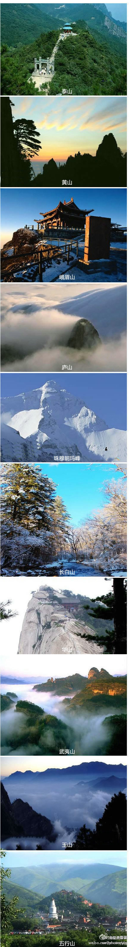 【中华十大名山依次为】：山东泰山、安徽黄山、四川峨眉山、江西庐山、西藏珠穆朗玛峰、吉林长白山、陕西华山、福建武夷山、台湾玉山(即阿里山主峰)、山西五台山。哪座山离你家最近？