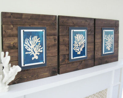 Set of 3 Dark Wood Plank Frames with Graphic Art Coral Sillhouettes for 8x10