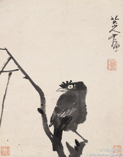 八大山人 作品 《枝上鸲鹆》--- 在中国书画作品中，八大山人朱耷的《枝上鸲鹆》立轴弥足珍贵，堪称精品，可遇而不可求。八大山人笔下的鸟，最精彩的部分是瞠大的眼睛，眼中那股凶狠、不平、仇恨、鄙夷的目光，是八大…