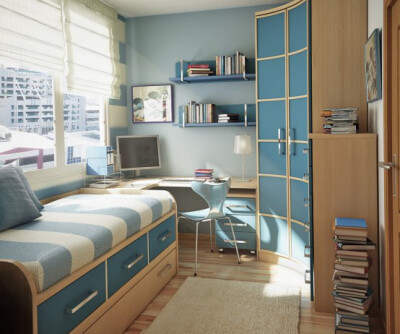 超节省空间的室内设计！在这个房价虚高的年代，这样的室内设计最实用啦！浅蓝色的书房兼卧室孩子房间~