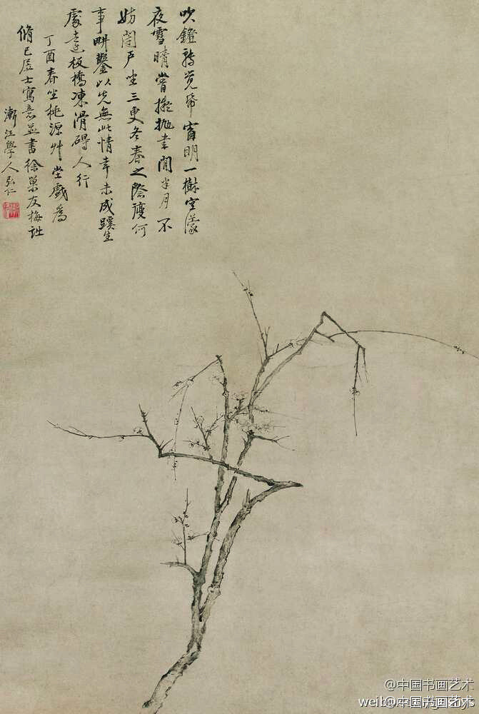 弘仁 1657年作 《梅花图》 立轴 --- 弘仁画梅，枝如屈铁，画面简约，暗香流动。题画诗：“吹灯转觉纸窗明，一树空朦夜雪晴。常拟抛书间半月，不妨闭户坐三更。冬春之际复何事，耕凿以先无此情。辛未成蹊生处远，板桥冻滑碍人行”。