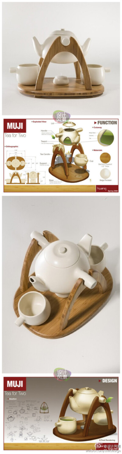 Tea for Two, 一套非常的茶具，茶壶上有两个流嘴，没有传统的壶把，只有侧边两个横杆，配合这个特别的茶壶的是一个支架，所以泡茶就多了翘翘板的乐趣了，来自Mark Huang的设计。