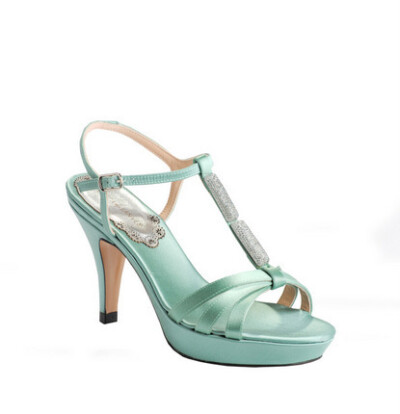 西班牙代购 正品 Rebeca Sanver 薄荷绿闪亮装饰防水台 高跟凉鞋