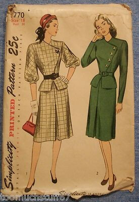 Vintage 1940s Assymetric Two Piece Dress Pattern UNCUT FF Simplicity 1770 Sz18