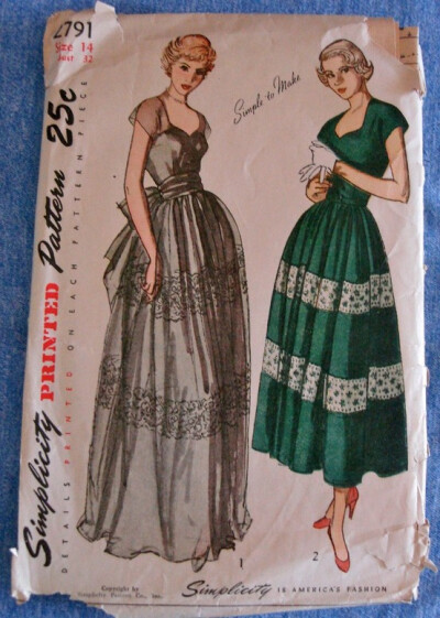 Vtg 1940s UNCUT Misses Evening Daytime Dress Sewing Pattern Simplicity 2791 Sz14