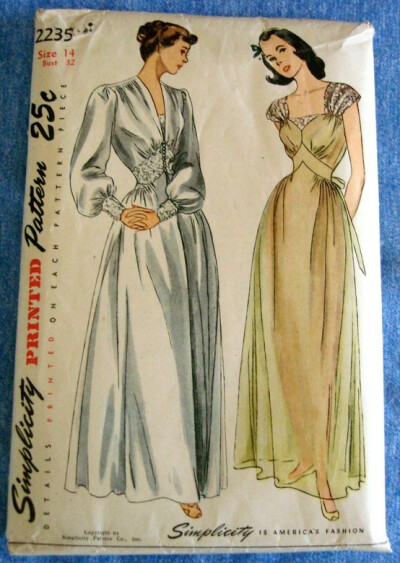 1940s Vtg Misses Nightgown Negligee Sewing Pattern UNCUT Simplicity 2235 Sz14