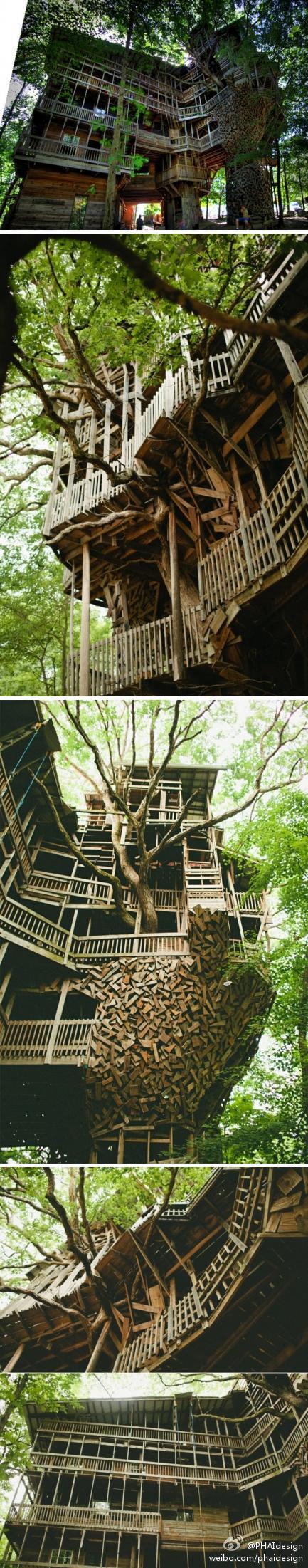 这座细节部分惊人的房子名为Minister’s Treehouse，坐落在美国田纳西。当地居民minister Horace用了近10年时间，修修停停，慢慢的根据自己不停的思考完成了这栋没有一张建筑图的巨型木结构住宅。