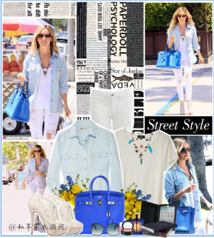 牛仔衬衫：TEXTILE Elizabeth and James Bianca；T恤：A.P.C； 牛仔裤：Miss Selfridge ；蕾丝高跟鞋：Charlotte Olympia ~包包：Hermes