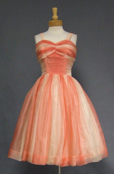 Salmon Ombre Organdy 1950's Cocktail Dress