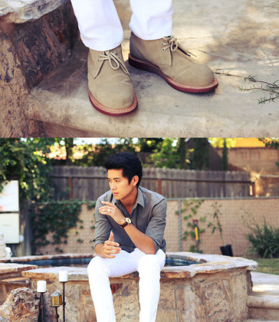 Dr. Martens Desert Boots, H&M Grey Dress Shirt, Mickey Mouse Watch, Pacsun White Pants