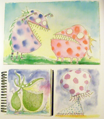 Two Cute Monsters, Green Dragon, Octopus Head, 2008-2009