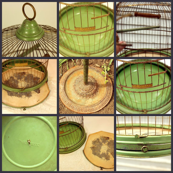 Vintage, Antique, Birdcage Hendryx, Green, Stand