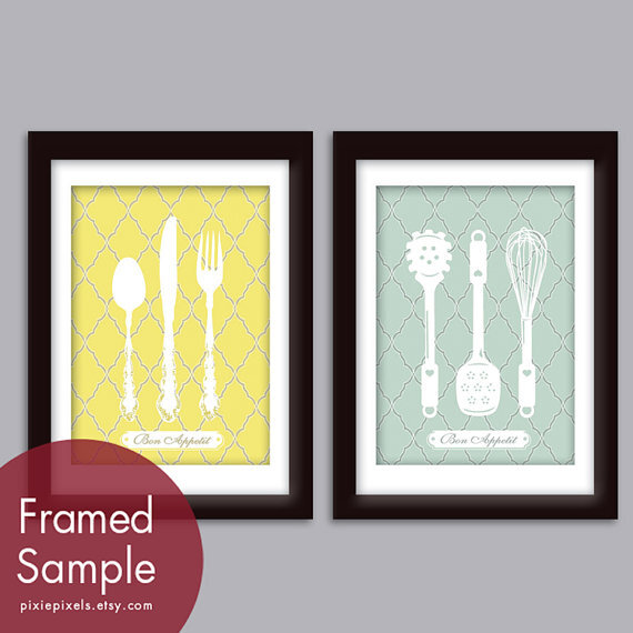 Pasta Ladle, Spatula, Whisk, Fork, Knife, Spoon Set (2) 5x7 Prints (Featured in Canary and Silver Sage) Customizable Colors