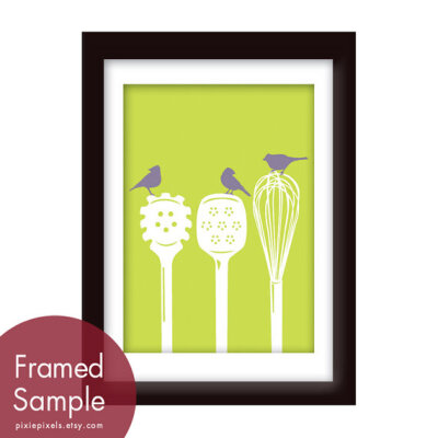 Birds on a Pasta Ladle, Spatula & Whisk 5x7 Print (Featured in Celery and Wisteria) Modern Vintage Prints (Customizable Colors)