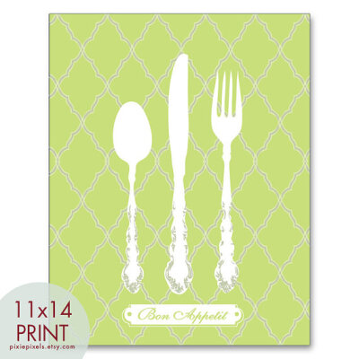 Bon Appetit (Fork Spoon Knife Setting) 11x14 Print -(Color:Spring Green) Modern Vintage Inspired Kitchen Prints (Customizable Colors)