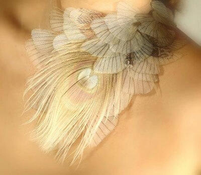 Fluttering in Nude Necklace Organza Moth Wings with White Peacock Feather