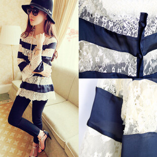 vivi杂志睫毛蕾丝蓝白条纹连衣裙呛口小辣椒同款