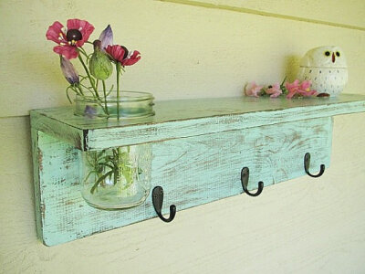 Rustic wood shelf, distressed shabby chic, Aqua, cottage beach home decor, wall shelves