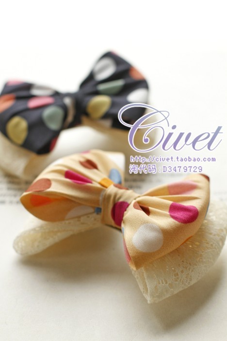 Civet 头饰发饰 波点绢纱蕾丝 双层蝴蝶结发夹弹簧夹 甜美头花GG2