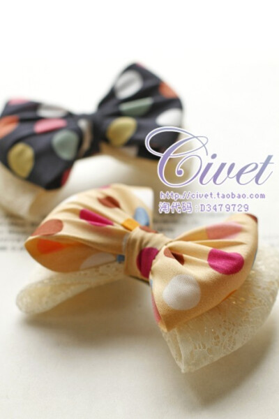 Civet 头饰发饰 波点绢纱蕾丝 双层蝴蝶结发夹弹簧夹 甜美头花GG2
