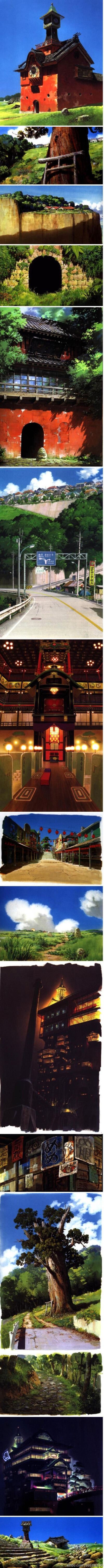 【超赞！宫崎骏】精细手绘背景图：《千与千寻》中的场景，很漂亮！