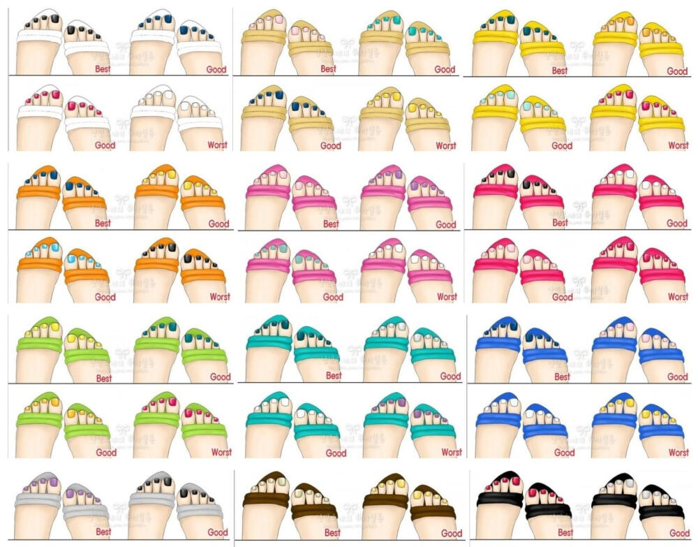 天气转暖，夏天即将到来，准备好各色各样的凉鞋和指甲油了么？各种颜色的凉鞋，应该搭配什么颜色的脚指甲呢？点击“查看原图” ，研究一下Best、Good、Worst搭配咯~~还有缤纷凉鞋团购哦&gt;&gt;bUm31