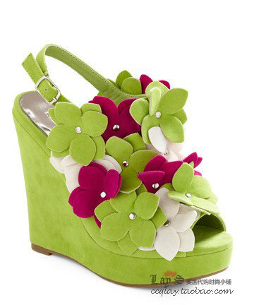 Lay's美国代购 复古鲜艳果绿色撞色立体花朵鱼嘴露趾坡跟凉鞋