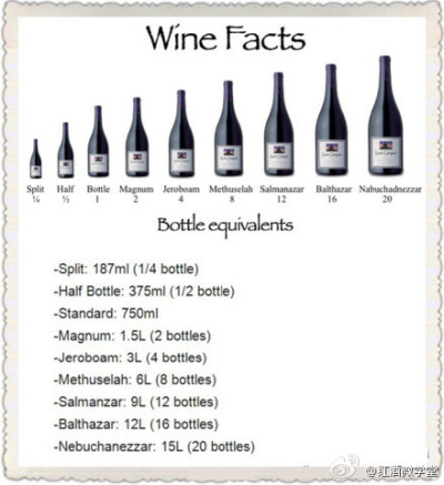 【认识葡萄酒瓶的尺寸】正常一瓶葡萄酒是750ml，从最小187ml到最大15l，图中有9种容量规格。